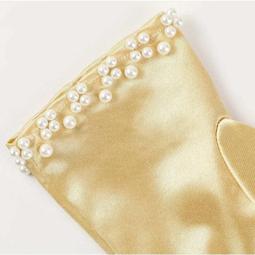 Women's Gold Satin Pearl Short Length Wrist Gloves Wedding Banquet Party Prom